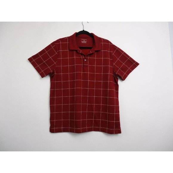 Mens Van Heusen Polo Shirt Large 16 16 1/2 Red/Burgundy Plaid Short Sleeve - Picture 2 of 6